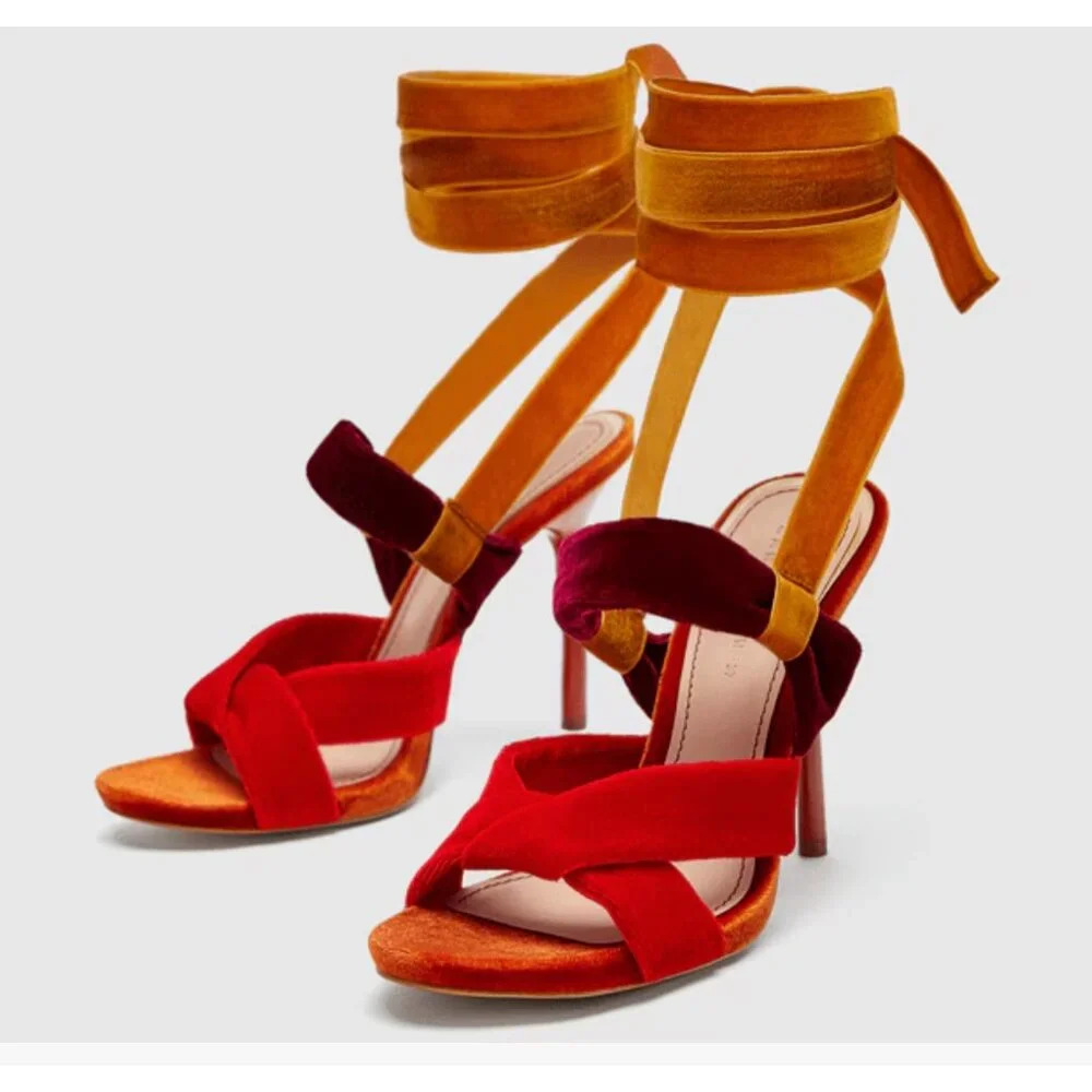 Zara Colourful Velvet Ankle Tie exy Heels 39